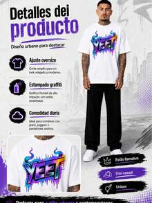 Camiseta blanca oversize, diseño graffiti "YEET" psicodélico, algodón suave, unisex estilo callejero juvenil, 1 unidad - Blanco - Ver 3