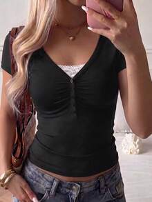 Women's Y2K Sexy Fitted V-Neck Short Sleeve Top, Summer Design Casual Black - Black - View 1