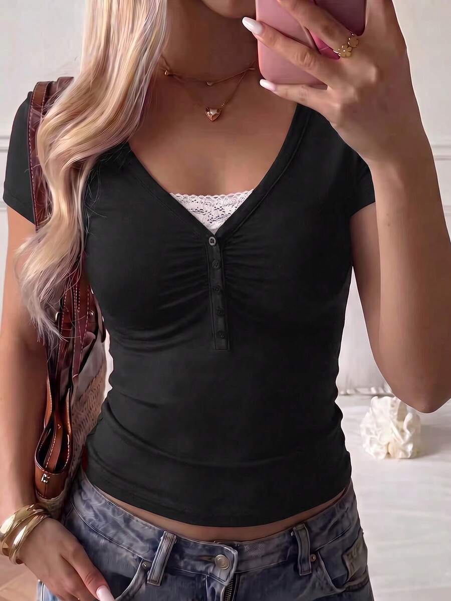 Women's Y2K Sexy Fitted V-Neck Short Sleeve Top, Summer Design Casual Black - Black - View 1