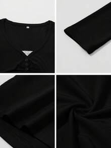 Women's Y2K Autumn Casual Sexy Solid Color Lace Contrast Slim Fit Long Sleeve V-Neck Top Suitable For Home Daily Commute Wear Going Out Back To School - Black - View 11