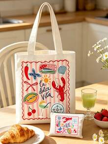 White Canvas Shoulder Bag And Makeup Bag Set With Striped Lobster Pattern, Casual Cute Handbag For Women And Girls Daily Commute, Shopping, Travel, Multi-Functional Cosmetic Storage Bag, Portable Toiletry Bag, Perfect Gift For Friends, Moms, Teens, Back To School, Independence Day, Birthday, Teacher's Day - Multicolor - View 5