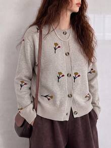 Women's Autumn/Winter Minimalist Casual Elegant Gentle Style Floral Pattern Round Neck Knit Cardigan Sweater Vacation - Apricot - View 4