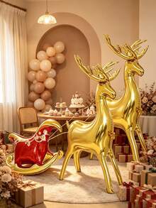 3pcs 2 Gold Reindeer + 1 Sleigh Christmas Reindeer Sleigh Foil Balloon Set, Suitable For Christmas Party Scene Decoration Props - View 1