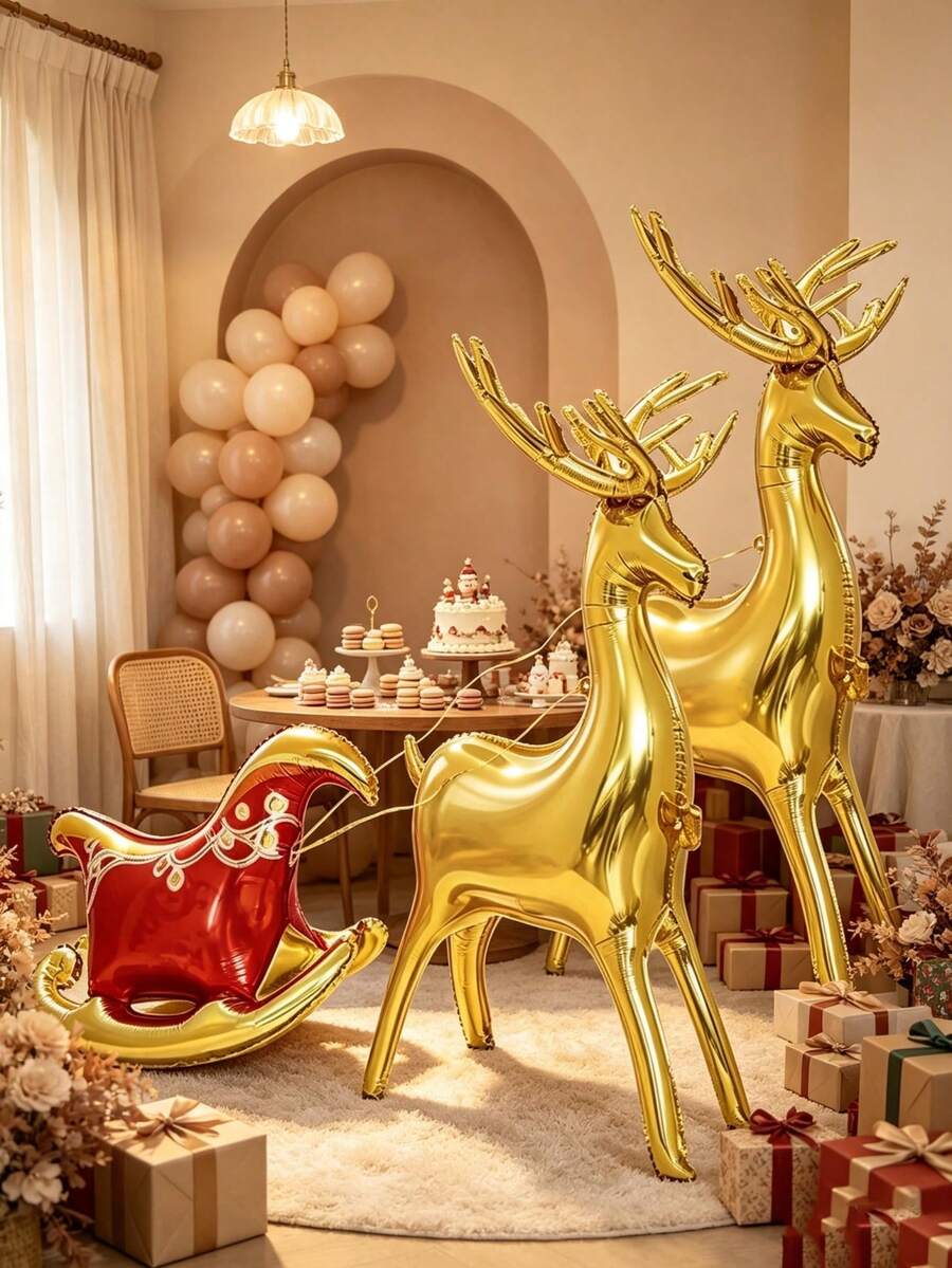 3pcs 2 Gold Reindeer + 1 Sleigh Christmas Reindeer Sleigh Foil Balloon Set, Suitable For Christmas Party Scene Decoration Props - View 1