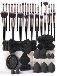 6/20/30/50 Pieces Complete Black Makeup Accessory Kit, 30 Multifunctional Makeup Brushes, Powder Puffs, Cosmetic Sponges, Bow Headband, Wristbands & Brush Cleaning Bowl, Soft Applicator Tools For Face And Eye Daily Makeup - Black - View 12