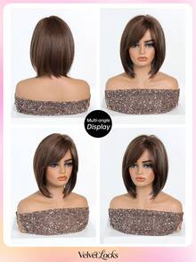 [Velvet Locks] Soft Heat-Resistant Layered Straight Side Part Bob Brown 12-Inch Synthetic Wig For Women For Elegant Daily Party - 棕色 - 查看 8