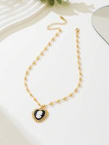 1pc Fashionable Vintage French Design Elegant Black Heart Chain Pendant Necklace For Women - Yellow Gold - View 4