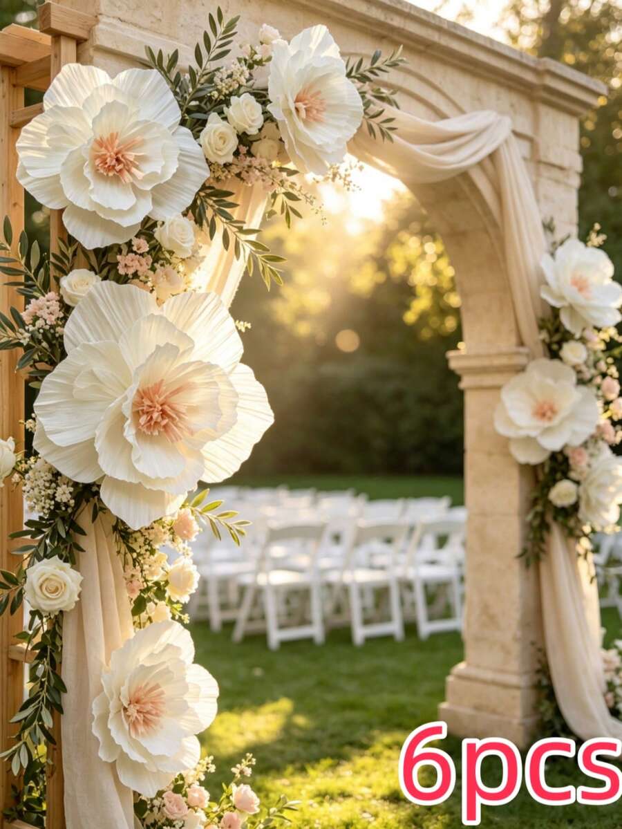 [Large Size High Quality]6pcs Large High Quality Artificial Peony Flowers 11.8 Inches*6 | Handmade Paper Flower Set, Suitable For Wedding Decoration, Window Arch, Birthday Party Backdrop, Home Wall Decor - White - View 1