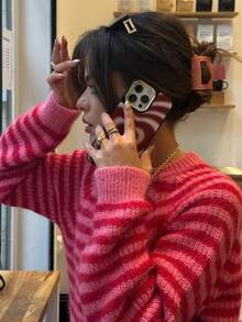 Senya Women's Vintage Colorblock Striped Knit Sweater, Round Neck Fuzzy Loose Pullover, Drop Shoulder Casual Long Sleeve Top Fall - Hot Pink - View 5