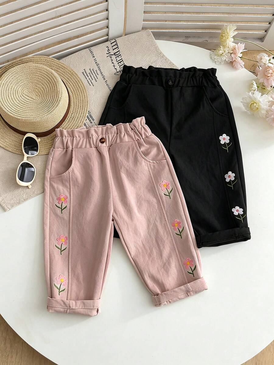 2件組女童花卉刺繡休閒長褲,春夏/秋冬新款幼兒女寶度假長褲,鬆緊腰頭 - 西瓜粉 - 查看 1