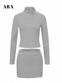 ARA CHIC Women Striped 2 Pieces Outfit, Turtleneck Long Sleeve Crop Top And Bodycon Mini Skirt Set, Slim Fit Ribbed Going Out Matching Set - Black and White - View 10