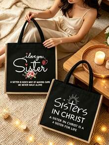 輕量手提包與配套化妝包，輕量亞麻手提包，化妝包，印有「Sister」圖案，「GOD Is Good」，基督教主題收納包，大容量可重複使用肩背包，休閒百搭，適合海灘度假、工作、學校、健身房日常使用，可存放必需品，適合學生、教師、女性、姐妹、好友，生日、開學、畢業、教師節、復活節等節日的完美禮物 - 彩色 - 查看 5