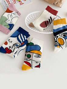 5pairs/Set Men's Colorful Face & Line Pattern Mid-Calf Socks, Fall - Multicolor - View 3