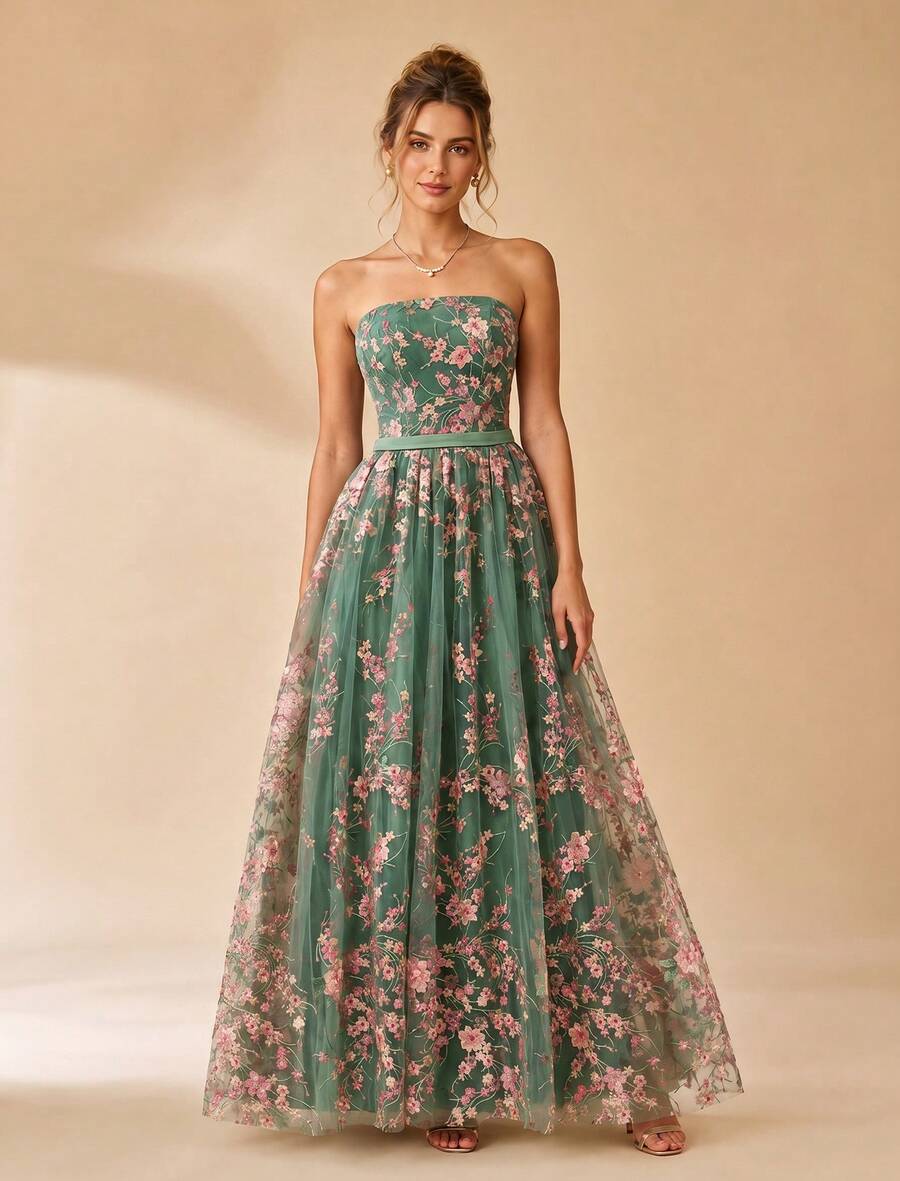 VIPGIRL Elegant Dreamy Pink Strapless Floral Gown, Lace-Up Back, Flowing Tulle Skirt, Ball Gown, Women's Formal Evening Dress - Mint Green - View 1