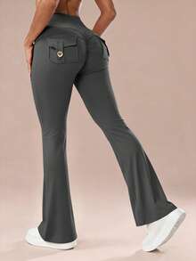 6pecil Khaki Style Flared Yoga Pants With Button Pockets, V-Waist Butt Lifting Flared Leg, Ruched Butt Sculpting Fitness Pants Sports - Grey - View 11