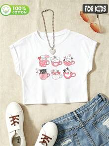 Tween Girls'  Cotton Cropped Cuffed Sleeve Tee, Graphic Print,  Cute Sweet Preppy Girl Style - White - View 3