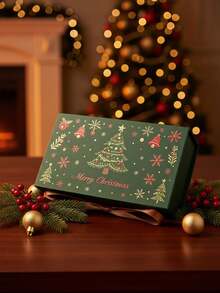 10pcs Christmas Gift Boxes With Ribbons, Christmas Tree & Snowflake Print Rectangular Gift Boxes, Luxury Flip-Top Candy & Cookie Packaging Boxes, Suitable For Holiday Chocolate, Cookies, Wedding Favors, Reusable Gift Giving & Storage Boxes (White) - Deep Green - View 4