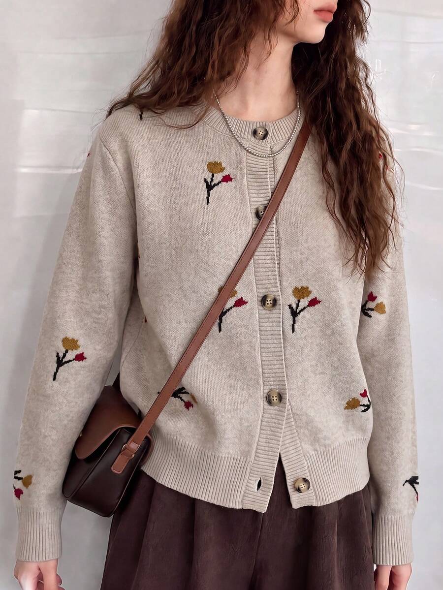 Women's Autumn/Winter Minimalist Casual Elegant Gentle Style Floral Pattern Round Neck Knit Cardigan Sweater Vacation - Apricot - View 1