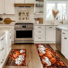 1pc Autumn Series Polka Dot White Pumpkin Orange Pumpkin Pattern Printed Faux Cashmere Surface TPR Bottom Door Mat, Bathroom Mat, Kitchen Mat, Laundry Room Mat, Holiday Atmosphere Decor, Home Decor, Party Decor, Wedding Decor, Dining Kitchen Decor - Multicolor - View 3