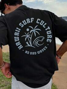 Camiseta con Estampado de la Cultura del Surf de Hawái,% Algodón, 180 g/², Cuello Redondo, Transpirable, Corte Regular, para Vacaciones de Verano en la Playa - Negro - Ver 2