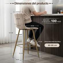 Juego de 2 Taburetes de Bar con Respaldo de Terciopelo Beige y Patas Doradas, Sillas Altas Modernas para Cocina y Comedor - Beis - Ver 5