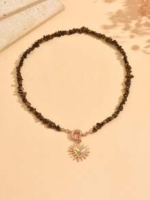 1pc Vintage Casual Asymmetrical Stone Beaded Necklace With Classic Versatile Metal Thorn Heart Pendant, Fashion Women's Neck Jewelry Suitable For Daily Wear And Vacation Party, Stone Shape, Size, Number And Color Arrangement Are Random - Multicolor - View 2