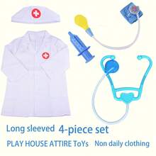4pcs Doctor Role Play Costume Set In Pink(Long Sleeve Nurse Uniform+Stethoscope+Injection Syringe+Blood Pressure Monitor), Toys For Little Girls Age 3-6 - Pink - View 8
