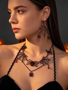 JOJELOO 2pcs/Set Vintage Gothic Exaggerated Black Spider Web Earrings & Necklace Set, Fashion Punk Personalized Short Collarbone Chain Jewelry, Elegant Women's Halloween Gift - Style 1 - View 2