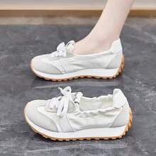 1 Pair Women's Colorful Patchwork Multi-Functional Sports Casual White Sneakers, Round Toe Outdoor Lace-Up Spring Autumn Canvas Panel Shoes - Beige - View 7