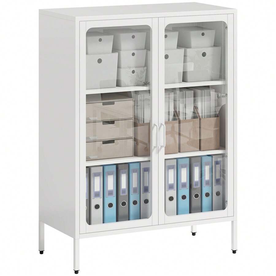 Armario de oficina con 2 puertas de cristal, 2 estantes ajustables, mueble de almacenamiento de acero, 80x40x110cm, blanco - Multicolor - Ver 1