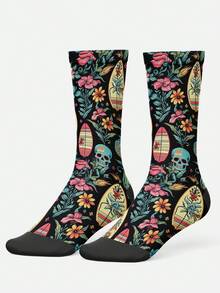 Cool 360° Printed Men's Socks, Street Style Floral Skull Vintage Gothic Colorful Fun Socks, Suitable For Daily, Holiday And Party Occasions - Black - View 4