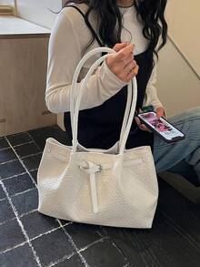 女款時尚百搭通勤單肩包，春夏新款大容量托特包，適合學生，編織購物包 - 白色 - 查看 4