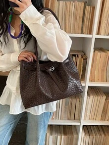 女款時尚百搭通勤單肩包，春夏新款學生上課大容量托特包，編織購物大包 - 咖啡棕 - 查看 6