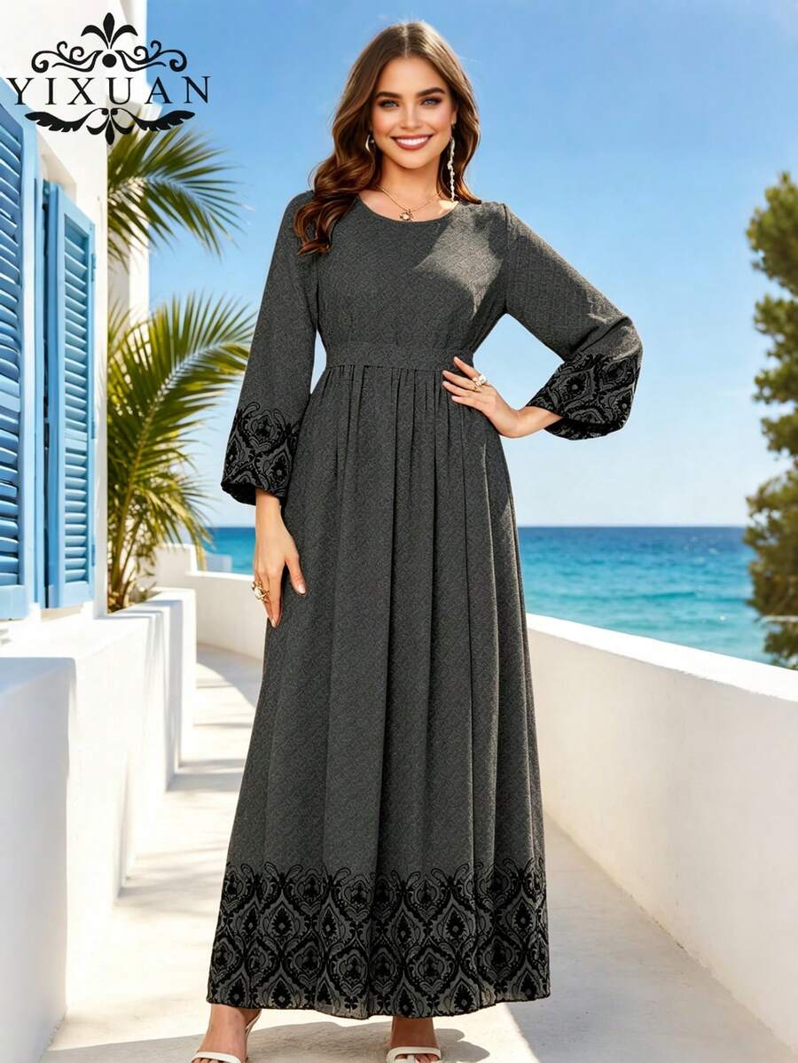 YI XUAN Women's Cashew Print Round Neck Lantern Sleeve Elegant Arabian Dress Black Fall - 黑色 - 查看 1