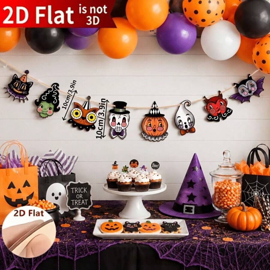 Banner de Halloween com Enfeites Pendurados Pequenos de Madeira, Conjunto Vintage de Fantasma e Abóbora de Desenho Animado, Decoração para Festa e Reunião, Fantasma de Desenho Animado - Multicolorido - Visão 1