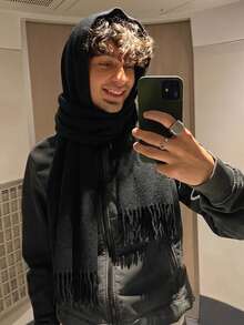 1pc Autumn/Winter Fashion Elegant Solid Color Wool Warm Pashmina Scarf, Unisex Casual Cold-Proof Tassel Shawl For Couples, Suitable For Daily Wear - Special Black - View 3