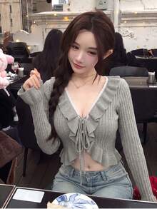 2026 Sweet Casual Sexy Style Ruffle Tie Lace Patchwork Knit Cardigan, Slimming Cardigan For Girl's 18-35 Years Old Fall - Gray - View 4