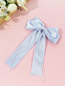 1pc Satin Double Layer Long Ribbon Pearl Chain Bow Hair Clip, Gentle Girl Half-Up Hair Accessory, Multi-Color Minimalist Versatile Hair Ornament, Back To School Gift - Multicolor - View 6