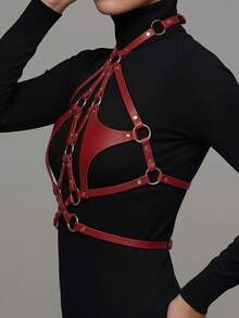 1pc Women's Punk Style Red Sexy V-Shape Double Triangle Bondage Bustier Corset Halter Neck Collar Leather Harness Suitable For Carnival Party Or Bar Performance Costume - Red - View 3