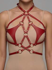 1pc Women's Punk Style Red Sexy V-Shape Double Triangle Bondage Bustier Corset Halter Neck Collar Leather Harness Suitable For Carnival Party Or Bar Performance Costume - Red - View 2