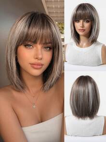 10 Inch Brown And Ash Brown Bob Wigs For Women, Short Straight Layered Synthetic Hair Wigs With Full Bangs And Natural Highlights, Soft Heat Resistant Fiber, Easy Wear For Daily Work, Office, School, Halloween, Cosplay, Retro Parties And Date Night - Multicolor - View 6