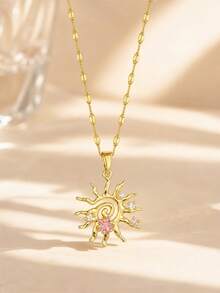 1pc Gold-Plated Hollow Sun Pendant Necklace, Inlaid With Pink Star-Shaped Crystal Pearl And Rhinestones, Bohemian Style Fashion Jewelry, Suitable As A Gift For Girls' Daily Wear - Gold - View 5