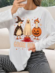Women's Autumn/Winter Daily Home Base Layer Top, Loose And Comfortable, Casual And Versatile, Halloween Theme, Printed With Cute Ghost Duck And Pumpkin Pattern, Suitable For Home Leisure And Outdoor Wear, Essential For Halloween Holiday - White - View 2
