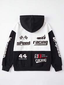 1pc Tween Girl Hooded Sweatshirt Pink Colorblock NEW YORK Number 23 Flame Star Y2K Sweet Cool American Street Style Loose Fit Sweatshirt Spring Autumn - Black - View 4