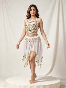 Belly Dance Halter Sequin Coin Crop Top Glitter Mesh Irregular Coin Decorated Skirt Stage Performance Dance Outfit - Multicolor - View 14