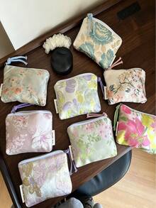 Vintage Jacquard Flower Small Makeup Bag Satin Mini Change Bag Card Bag With Braided Tassel Makeup Bag,Coin Purses - Multicolor - View 1