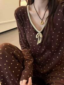 2pcs Women's Pajama Set, Pullover Round Neck Ditsy Floral Romantic Fashion Long Sleeve Long Pants, Comfortable For Home Wear - Brown - View 6