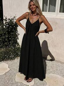 Spring/Summer Black V-Neck Backless Dress, Bohemian Style, Suitable For Beach, Wedding, Daily Wear Elegant - Black - View 2