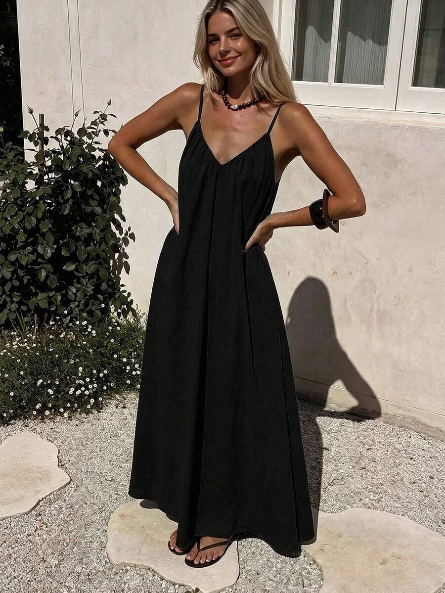 Spring/Summer Black V-Neck Backless Dress, Bohemian Style, Suitable For Beach, Wedding, Daily Wear Elegant