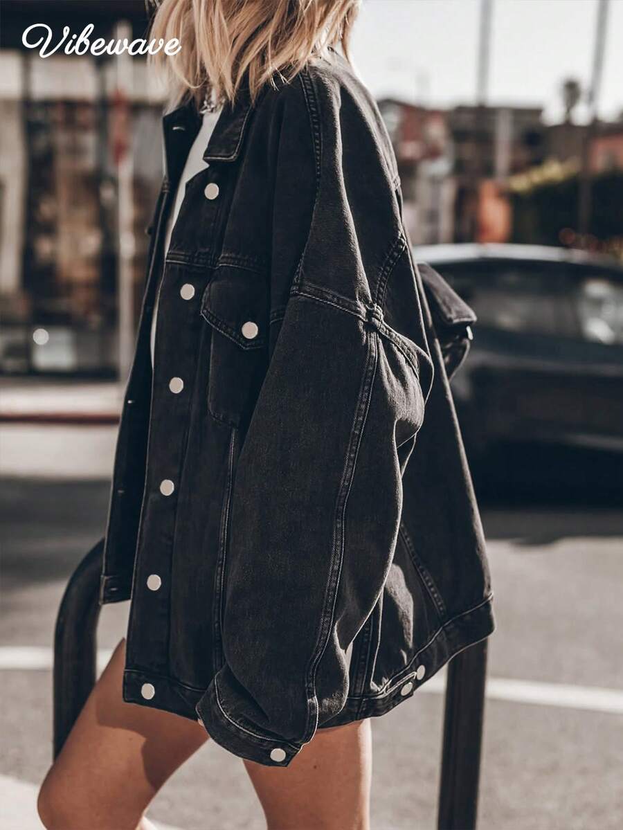 VIBEWAVE Loose Drop‑Shoulder Black‑Grey Denim Jacket, Turn‑Down Collar Cargo Long Sleeve VintageStreetwear Distressed Jean Outerwear For Spring Autumn - Black - View 1
